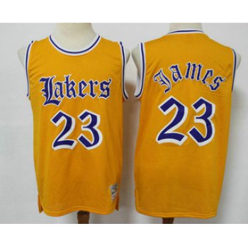 Men's Los Angeles Lakers #23 LeBron James Yellow English Version Hardwood Classics Soul Swingman Throwback Jersey