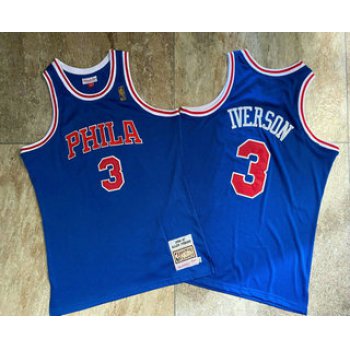 Men's Philadelphia 76ers #3 Allen Iverson 1996-97 Blue Hardwood Classics Soul AU Throwback Jersey