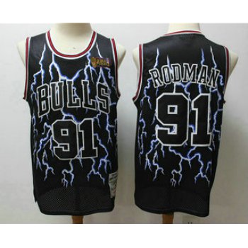 Men's Chicago Bulls #91 Dennis Rodman Black Lightning Hardwood Classics Soul Swingman Throwback Jersey