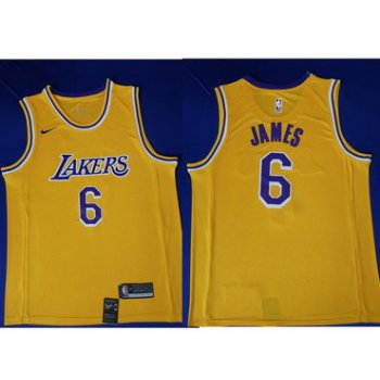 Men's Nike Los Angeles Lakers #6 LeBron James Purple Number Yellow Stitched NBA Jersey