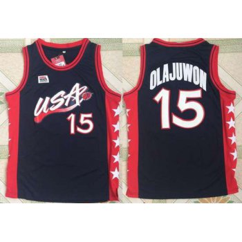 1996 Olympics Team USA Men's #15 Hakeem Olajuwon Navy Blue Stitched Basketball Swingman Jersey