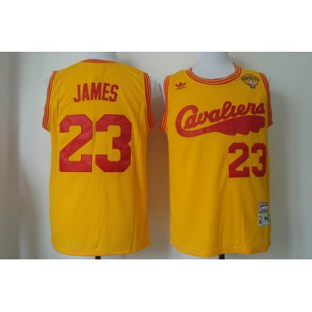 Men's Cleveland Cavaliers #23 LeBron James 2017 The NBA Finals Patch 2009 Yellow Hardwood Classics Soul Swingman Throwback Jersey