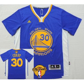 Men's Golden State Warriors #30 Stephen Curry Blue Short-Sleeved White 2017 The NBA Finals Patch Jersey