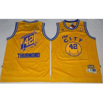 Men's Golden State Warriors #42 Nate Thurmond The City Yellow Hardwood Classics Soul Swingman Throwback Jersey