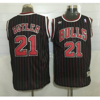 Men's Chicago Bulls #21 Jimmy Butler Black Pinstripe Hardwood Classics Soul Swingman Throwback Jersey