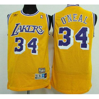 Men's Los Angeles Lakers #34 Shaquille O'neal Yellow Hardwood Classics Soul Swingman Throwback Jersey