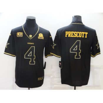 Men's Dallas Cowboys #4 Dak Prescott Black 60th Seasons Patch Golden Edition Stitched NFL Nike Limited Jersey