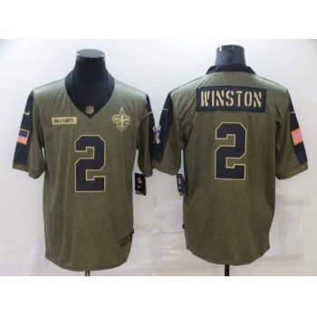 Men's New Orleans Saints #2 Jameis Winston 2021 Olive Salute To Service Limited Stitched Jersey