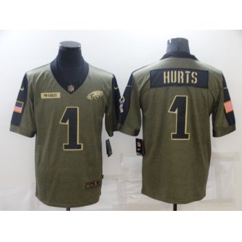 Men's Philadelphia Eagles #1 Jalen Hurts 2021 Olive Salute To Service Limited Stitched Jersey