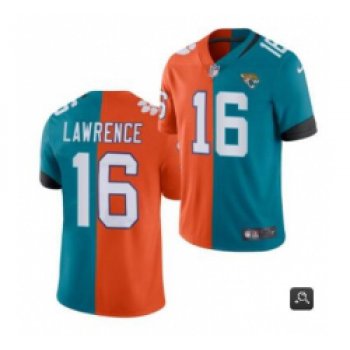 Men Jacksonville Jaguars #16 Trevor Lawrence 2021 Teal Orange Draft Split Vapor Limited Stitched NFl Jersey