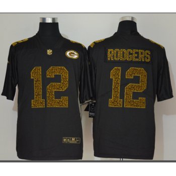 Men's Green Bay Packers #12 Aaron Rodgers Black 2020 Nike Flocked Leopard Print Vapor Limited NFL Jersey