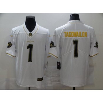 Men's Miami Dolphins #1 Tua Tagovailoa White 100th Season Golden Edition Jersey