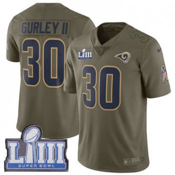 #30 Limited Todd Gurley Olive Nike NFL Youth Jersey Los Angeles Rams 2017 Salute to Service Super Bowl LIII Bound