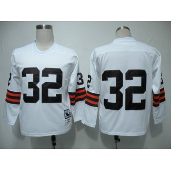 Cleveland Browns #32 Jim Brown White Long-Sleeved Throwback Jersey