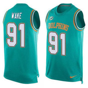 Men's Miami Dolphins #91 Cameron Wake Aqua Green Hot Pressing Player Name & Number Nike NFL Tank Top Jersey