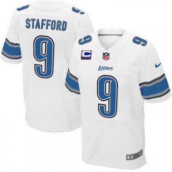 Nike Detroit Lions #9 Matthew Stafford White C Patch Elite Jersey