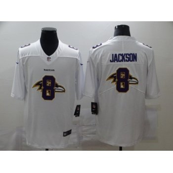 Men's Baltimore Ravens #8 Lamar Jackson White 2020 Shadow Logo Vapor Untouchable Stitched NFL Nike Limited Jersey