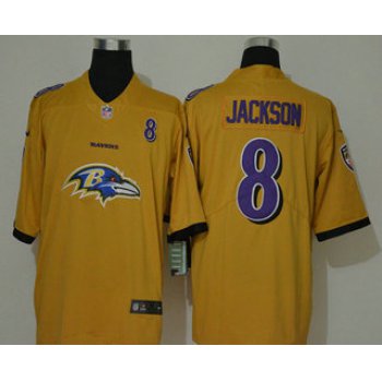 Men's Baltimore Ravens #8 Lamar Jackson Gold 2020 Big Logo Number Vapor Untouchable Stitched NFL Nike Fashion Limited Jersey