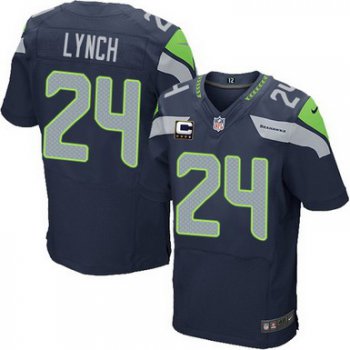 Nike Seattle Seahawks #24 Marshawn Lynch Navy Blue C Patch Elite Jersey