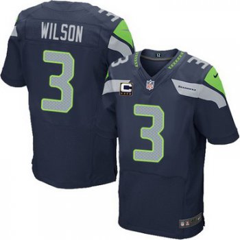 Nike Seattle Seahawks #3 Russell Wilson Navy Blue C Patch Elite Jersey