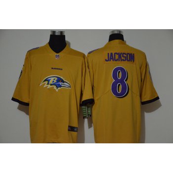 Men's Baltimore Ravens #8 Lamar Jackson Gold 2020 Big Logo Vapor Untouchable Stitched NFL Nike Fashion Limited Jersey