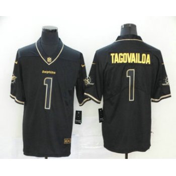 Men's Miami Dolphins #1 Tua Tagovailoa Black 100th Season Golden Edition Jersey