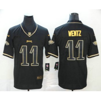 Men's Philadelphia Eagles #11 Carson Wentz Black 100th Season Golden Edition Jersey