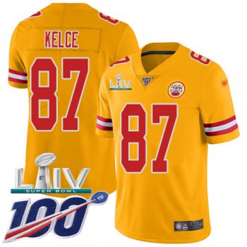 Nike Chiefs #87 Travis Kelce Gold Super Bowl LIV 2020 Youth Stitched NFL Limited Inverted Legend 100th Season Jersey