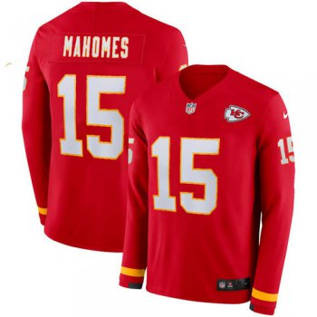 Men Nike Kansas City Chiefs 15 Patrick Mahomes II Red Therma Long Sleeve Jersey