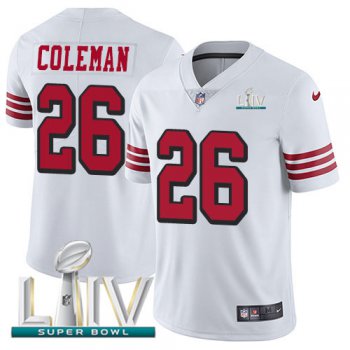 Nike 49ers #26 Tevin Coleman White Super Bowl LIV 2020 Rush Youth Stitched NFL Vapor Untouchable Limited Jersey