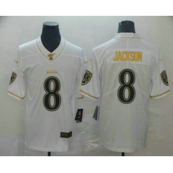 Men's Baltimore Ravens #8 Lamar Jackson White 100th Season Golden Edition Jersey