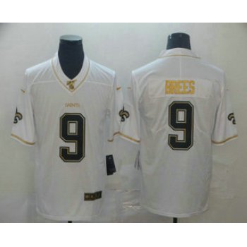 Men's New Orleans Saints #9 Drew Brees White 100th Season Golden Edition Jersey