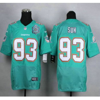 Men's Miami Dolphins #93 Ndamukong Suh Aqua Green Team Color 2015 NFL 50th Patch Nike Elite Jersey