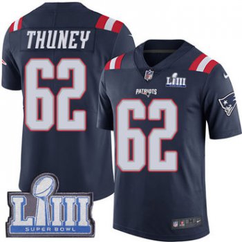 #62 Limited Joe Thuney Navy Blue Nike NFL Men's Jersey New England Patriots Rush Vapor Untouchable Super Bowl LIII Bound