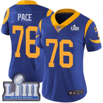 #76 Limited Orlando Pace Royal Blue Nike NFL Alternate Women's Jersey Los Angeles Rams Vapor Untouchable Super Bowl LIII Bound