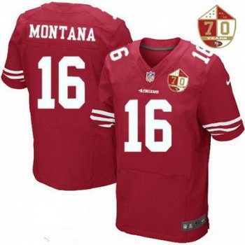 Men's San Francisco 49ers #16 Joe Montana Scarlet Red 70th Anniversary Patch Stitched NFL Nike Elite Jersey