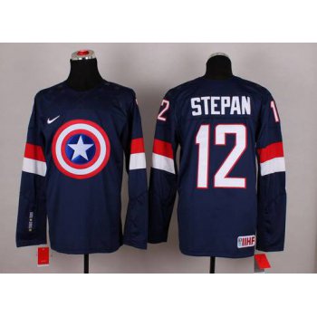 2015 Men's Team USA #12 Derek Stepan Captain America Fashion Navy Blue Jersey