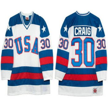 Men's 1980 Olympics USA #30 Jim Craig White Throwback Stitched Vintage Ice Hockey Jersey