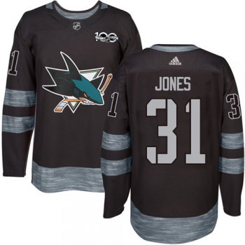 Men's San Jose Sharks #31 Martin Jones Black 100th Anniversary Stitched NHL 2017 adidas Hockey Jersey