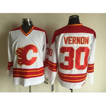 Men's Calgary Flames #30 Mike Vernon 1980-81 White CCM Vintage Throwback Jersey