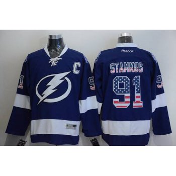 Men's Tampa Bay Lightning #91 Steven Stamkos USA Flag Fashion Blue Jersey