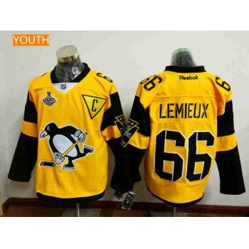 Youth Pittsburgh Penguins #66 Mario Lemieux Yellow Stadium Series 2017 Stanley Cup Finals Patch Stitched NHL Reebok Hockey Jersey