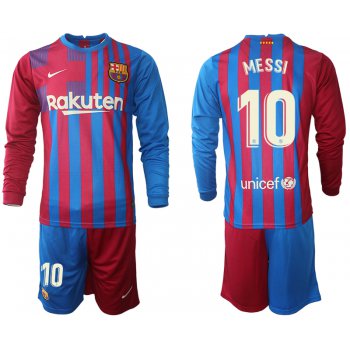 Men 2021-2022 Club Barcelona home red blue Long Sleeve 10 Nike Soccer Jerseys