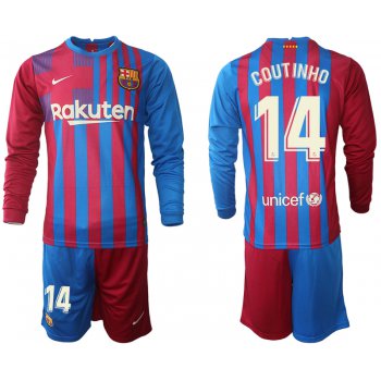 Men 2021-2022 Club Barcelona home red blue Long Sleeve 14 Nike Soccer Jerseys