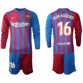 Men 2021-2022 Club Barcelona home red blue Long Sleeve 16 Nike Soccer Jersey