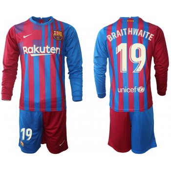 Men 2021-2022 Club Barcelona home red blue Long Sleeve 19 Nike Soccer Jersey