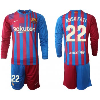 Men 2021-2022 Club Barcelona home red blue Long Sleeve 22 Nike Soccer Jersey