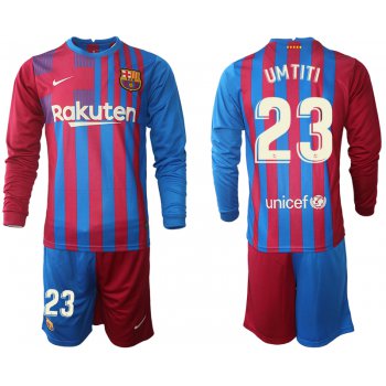 Men 2021-2022 Club Barcelona home red blue Long Sleeve 23 Nike Soccer Jersey