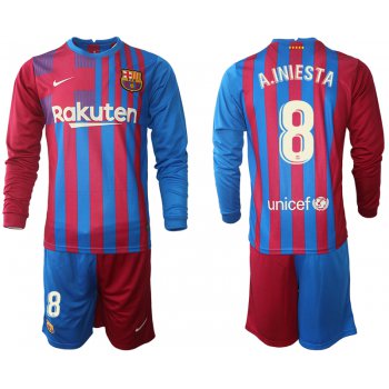 Men 2021-2022 Club Barcelona home red blue Long Sleeve 8 Nike Soccer Jerseys