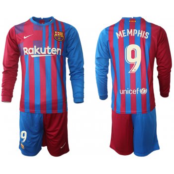 Men 2021-2022 Club Barcelona home red blue Long Sleeve 9 Nike Soccer Jerseys